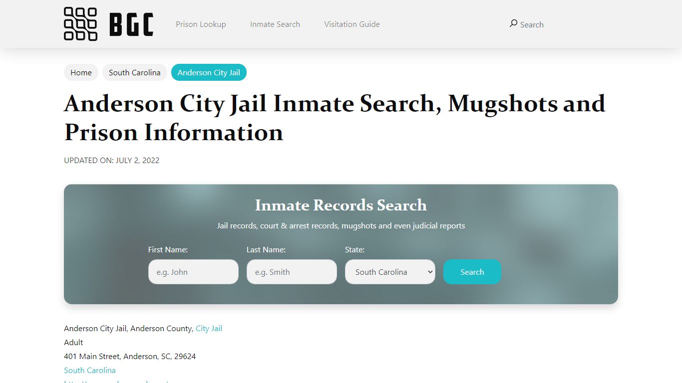 Anderson City Jail Inmate Search, Mugshots, Visitation ...